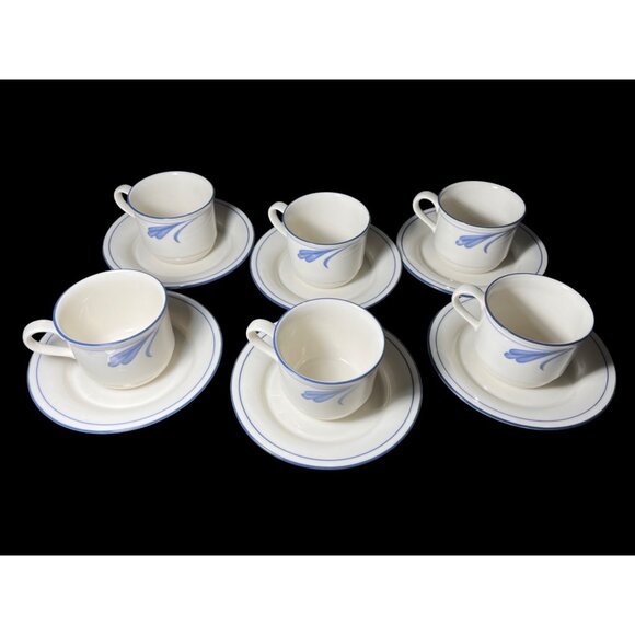 New Lenox Chinastone Blue Brushstrokes Vintage Coffee Tea Cups & Saucers, 6 sets - Picture 3 of 9